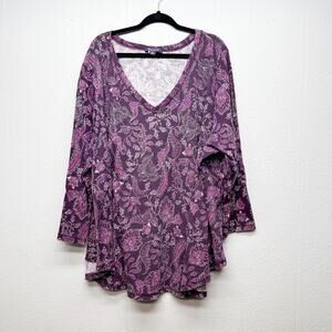 Roaman's Floral Thermal Top/Sweater Womens 4X Waffle Knit Cotton Relaxed Casual